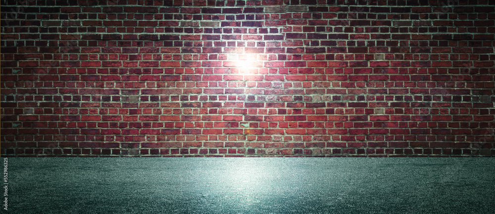 dark brick wall texture with spotlights, asphalt road, 3d rendering ...