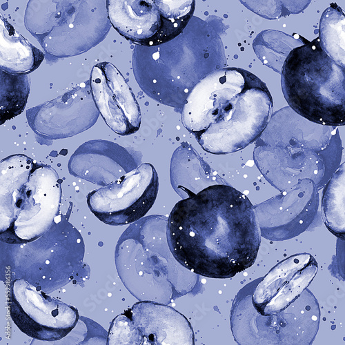 Apples painted in watercolor in blue tone seamless pattern