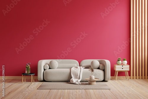 Viva magenta wall background mockup with sofa furniture and decor. photo