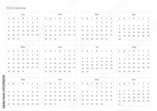 This is a simple, minimalist style annual planner with a year 12 month calendar for 2023. Note, scheduler, diary, calendar planner document template illustration.