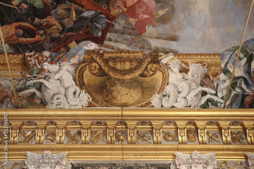 Palazzo Colonna Building Painted Ceiling Detail with Golden Cornicing in Rome, Italy