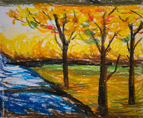 Landscape autumn in the mountains. The water surface of the mountain river, yellowing autumn trees. Oil pastel hand drawn in the Carpathian mountains