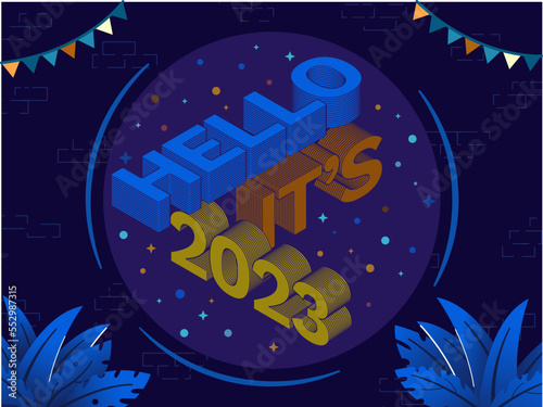 happy new year lettering in isometric style and festive symbols and colors