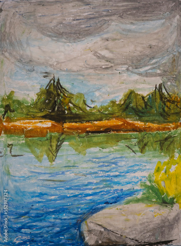 Landscape autumn in the mountains. The water surface of the lake against the backdrop of autumn trees under lead clouds. Oil pastel hand drawn in the Carpathian mountains