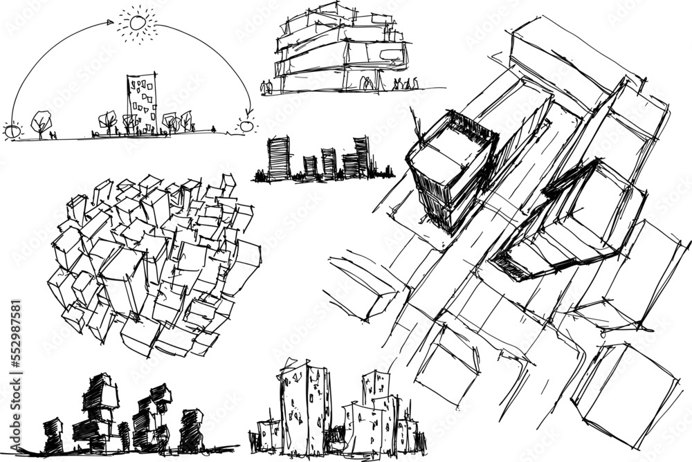 many hand drawn architectectural sketches of a modern architecture and urban ideas, buildings and people