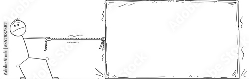 Person Dragging Rock or Stone Block, Vector Cartoon Stick Figure Illustration