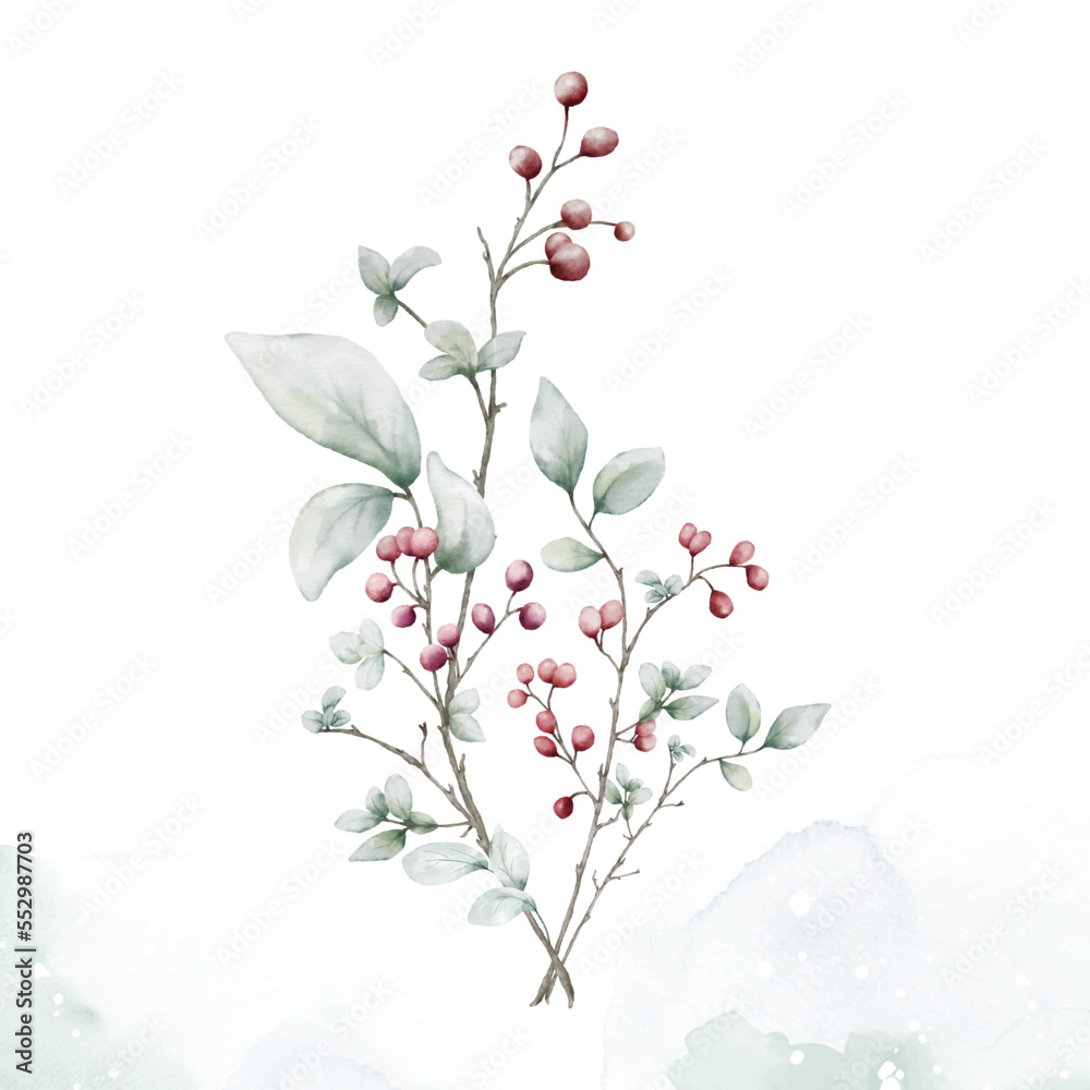 Watercolor berries branches on stain background