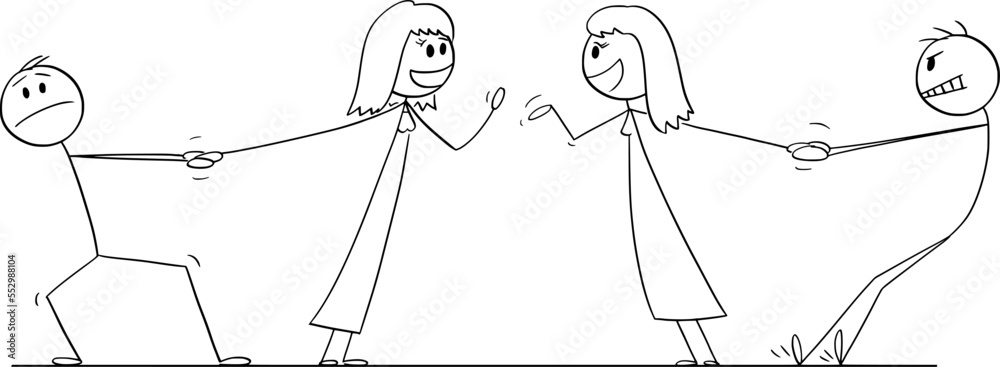 Women or Wives Talking, Men or Husbands Want to Go, Vector Cartoon Stick Figure Illustration