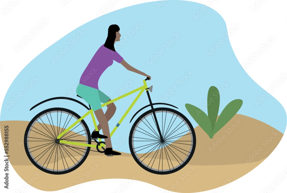 Riding in a bicycle in a decert. woman. vector