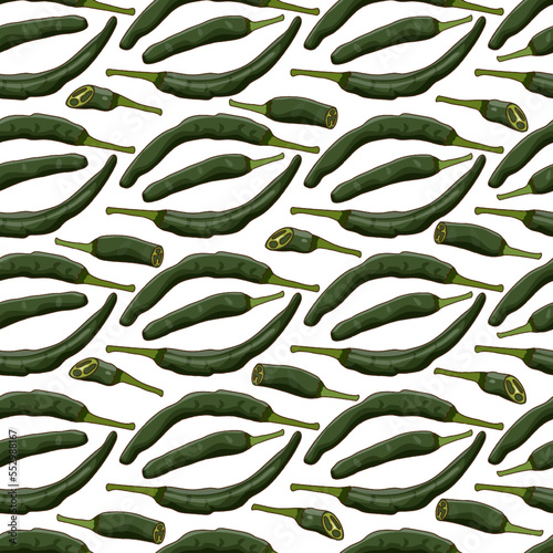 Seamless pattern with Pasilla Bajio. Chilaca chili pepper. Chile Negro. Mexican Negro. Prieto. Cuernillo. Chili pepper. Vegetables. Cartoon style. Vector illustration isolated on white background.