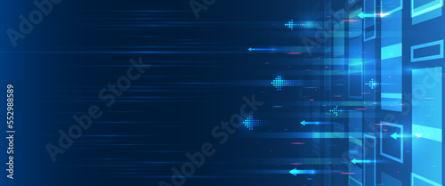 Digital internet communication on blue background. Wide Cyber security internet and networking concept. Hi-tech vector illustration with various technology elements. Abstract global sci fi concept.