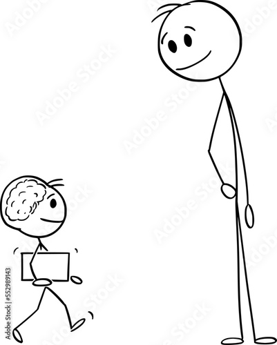 Parent or Teacher Looking at Brilliant Genius Child, Vector Cartoon Stick Figure Illustration