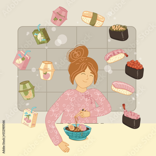 Cute asian girl eat ramen  with different asian food around her. Sushi, gunkan, milkshake, juice. Girl eats noodles and thinks about food