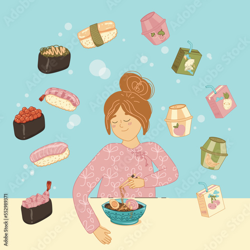 girl eating noodles with boiled egg and meat and asian food around her. Choosing food illustration