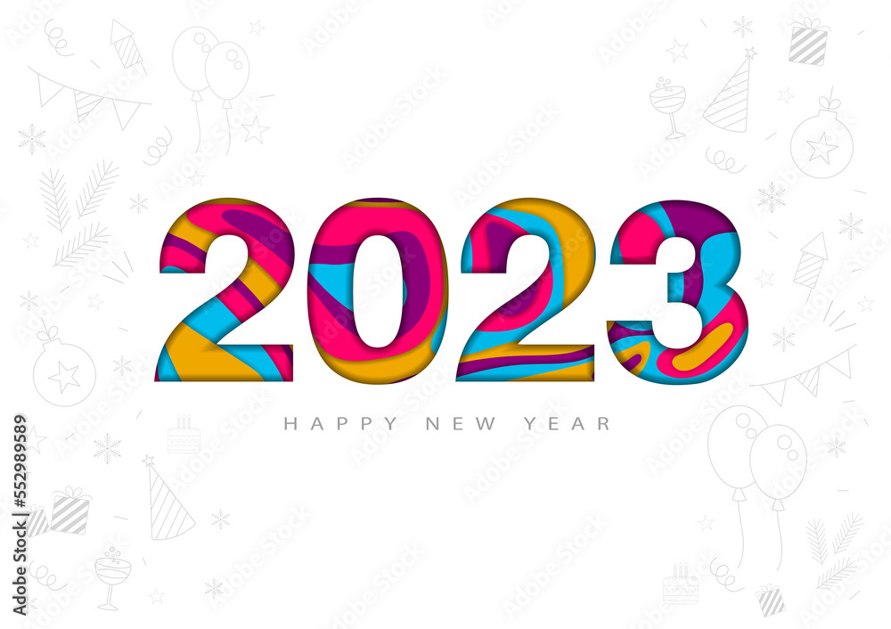 2023 Happy New Year Text Design Background. Greeting Card, Banner, Poster. Cover of business diary for 2023 with wishes. Brochure design template, Vector Illustration. 2023 Happy New Year Text Design Background. Greeting Card, Banner, Poster. Cover of business diary for 2023 with wishes. Brochure design template, Vector Illustration.
