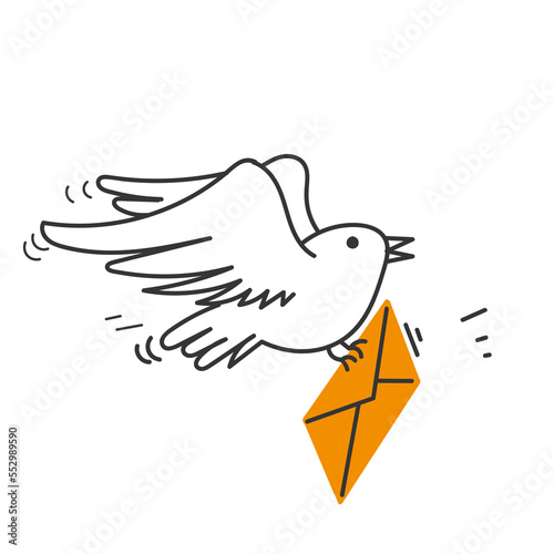 hand drawn doodle bird carrying an envelope illustration vector