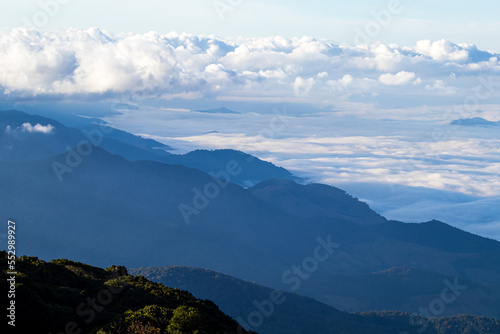 Beautiful misty sea view in the morning, large mountain ranges and sunlight , Kew Mae Pan Nature Trail ,Doi Inthanon National Park Thailand