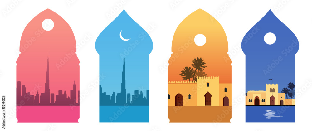 Arabic, Mediterranean or Moroccan style buildings viewed through oriental window shapes, isolated on white background