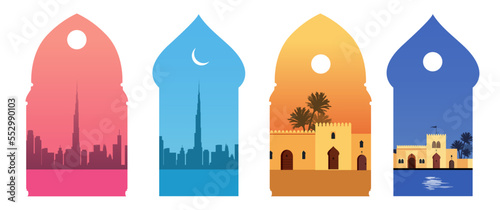 Arabic, Mediterranean or Moroccan style buildings viewed through oriental window shapes, isolated on white background
