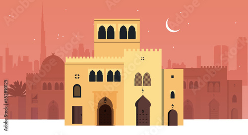 Arabic, Moroccan or Mediterranean style buildings. Skyline big city of arab emirates under the moon.