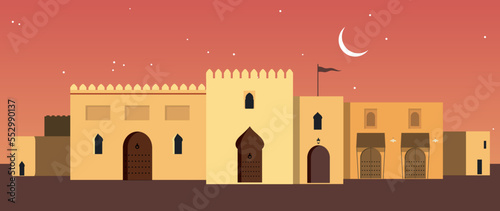 Arabic, Moroccan or Mediterranean style buildings. Skyline big city of arab emirates under the moon.