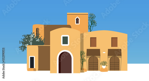 Mediterranean style buildings isolated on blue sky. Traditional architecture.