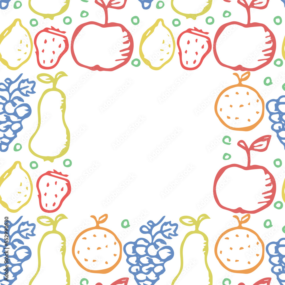 Seamless fruit frame. doodle background with fruit icons. Fruit background