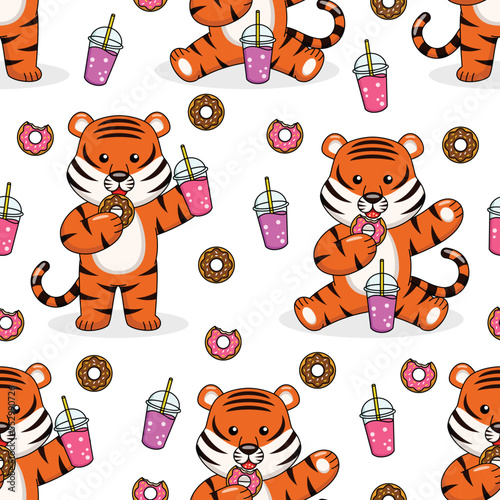 Cute tiger cartoon eating donut seamless pattern design 