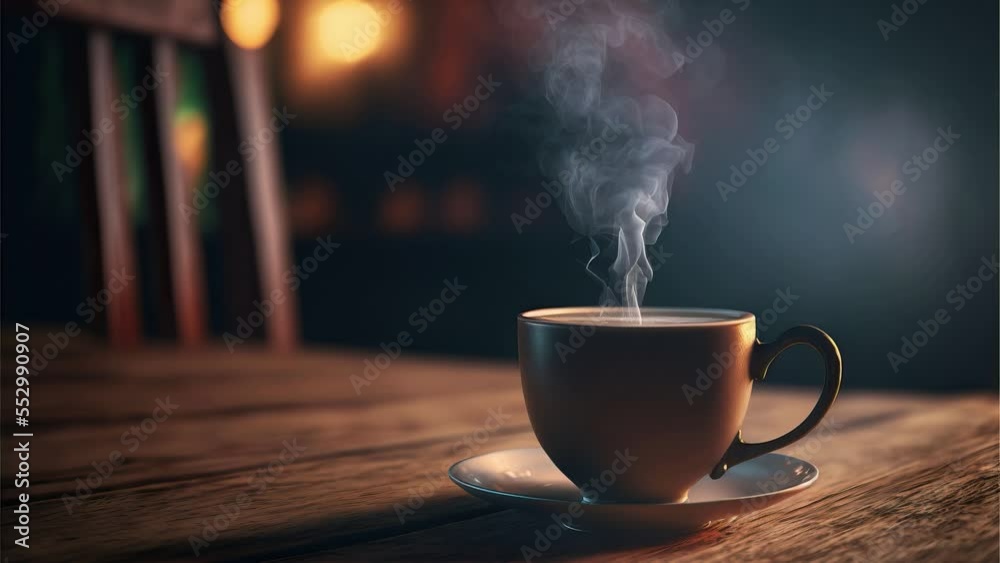 Cup with steam on a wooden table 
