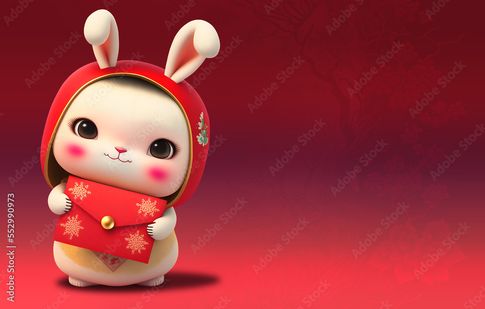 Cute Chinese rabbit character illustration 3d style - Chinese New Year 2023 - Greeting card. Generative AI