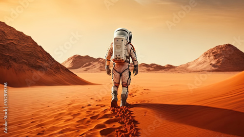 Back view of an astronaut walking on a surface of Mars planet. Astronaut in space suit walks on a red planet. Mars Colonization. Space exploration concept. Generative AI