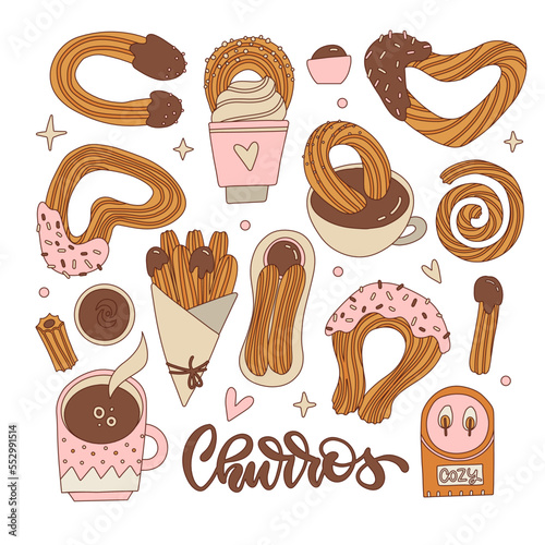Set of differetn shapes churros with chocolate sauce. Mexican snack. Hand drawn vintage contour vector illustration. Churros sticks in paper bag, bowl with hot chocolate.