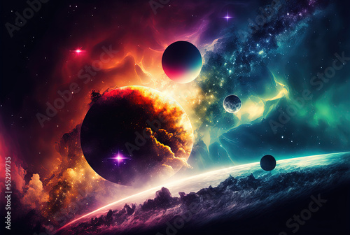 Abstract cosmic background. Colorful background with planets and stars. Colorful space illustration. Generative AI