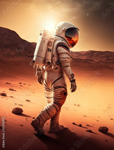 An astronaut walking on a surface of Mars planet. Astronaut in space suit walks on a red planet. Mars Colonization. Space exploration concept. Generative AI