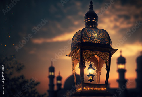 Illuminated lamp of Ramadan Kareem. Lantern with serene mosque background. Evening sky. Generative AI