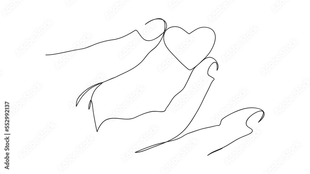 Fingers with heart, one line art, continuous contour drawing, hand-drawn gesture, symbol of romantic love. Decoration for St. Valentine's Day. Isolated. Vector illustration