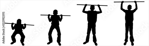 A boy doing exercises with dumbbells, a kid practicing different sports and physical activities in physical education class. Teen sports exercising silhouettes. Sports kids. Teenagers with equipment.