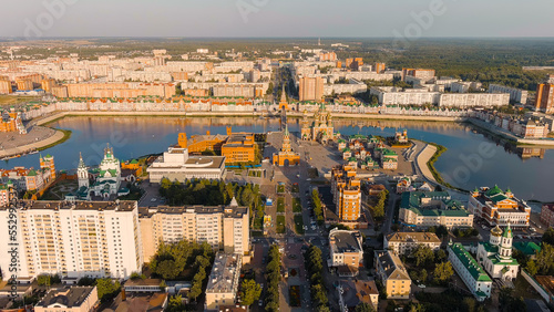 Yoshkar-Ola  Russia. Annunciation tower. Boulevard Chavaina. City Center During Sunset  Aerial View