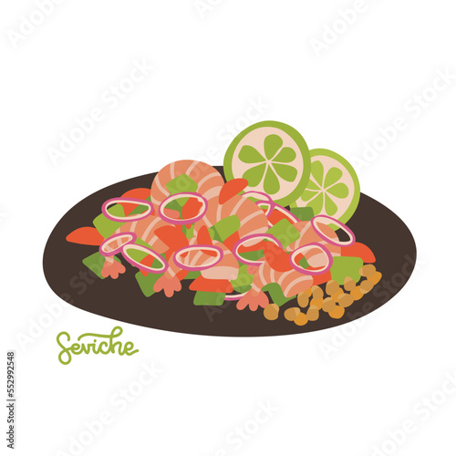 Peru ceviche. Latin American Cuisine. Seviche salad. Seafood with avocado and onions. Vector flat hand drawn illustration.