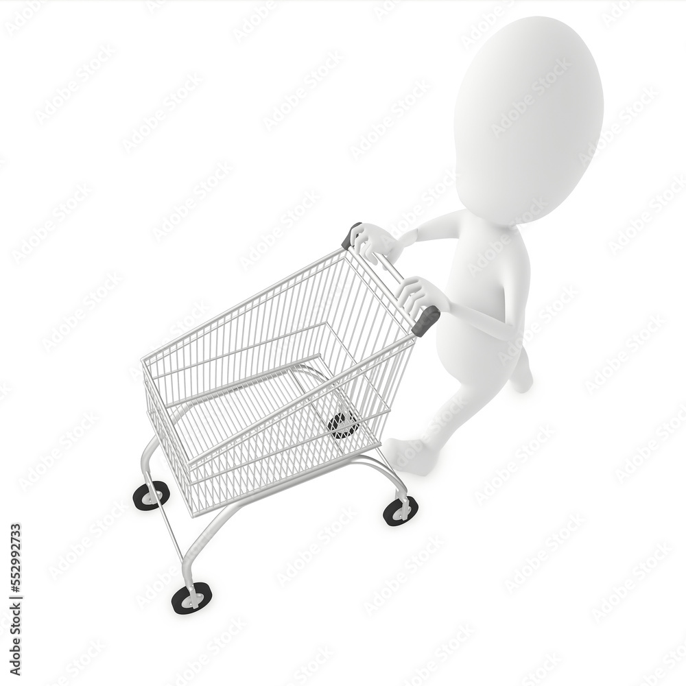 3d character , man moving an empty shopping cart 3d character , man moving an empty shopping cart