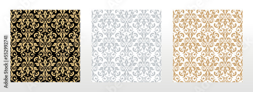 Wallpapers in the style of Baroque. Seamless vector backgrounds. Set of colored floral ornaments. Graphic patterns for fabric, wallpaper, packaging. Ornate Damask flower ornaments