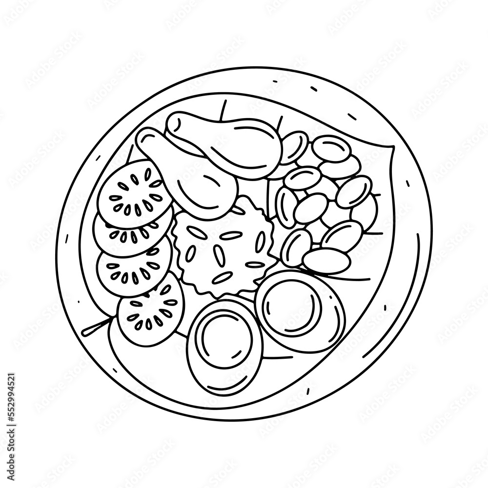 Asian traditional meal with rice, chicken, boiled eggs and beans. Vector illustration in hand drawn doodle style. Asian traditional meal with rice, chicken, boiled eggs and beans. Vector illustration in hand drawn doodle style.