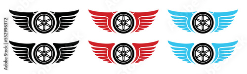 Car wheels rims with wings icon vector. Vehicle wheels and wings of freedom logo design, symbol illustration