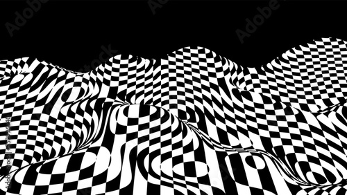 The optical wave of the chessboard. Abstract black and white 3D illusion. Distorted black lines. Broken patterns. Vector illustration. EPS1