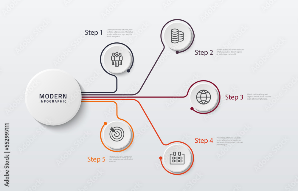 Vector modern infographic data design template. Vector illustration with 5 steps and icons. Can be used for workflow layout, diagram, annual report, web design. Vector modern infographic data design template. Vector illustration with 5 steps and icons. Can be used for workflow layout, diagram, annual report, web design.