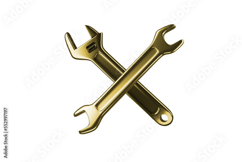 Gold wrench, mechanic repair tool 3d render. photo