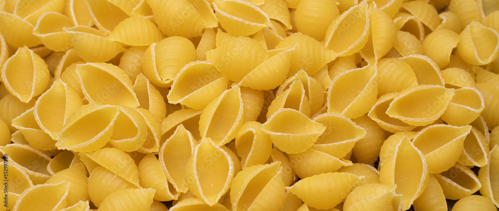Uncooked conchiglie pasta. Top view of bright background image. Uncooked conchiglie pasta. Top view of bright background image.