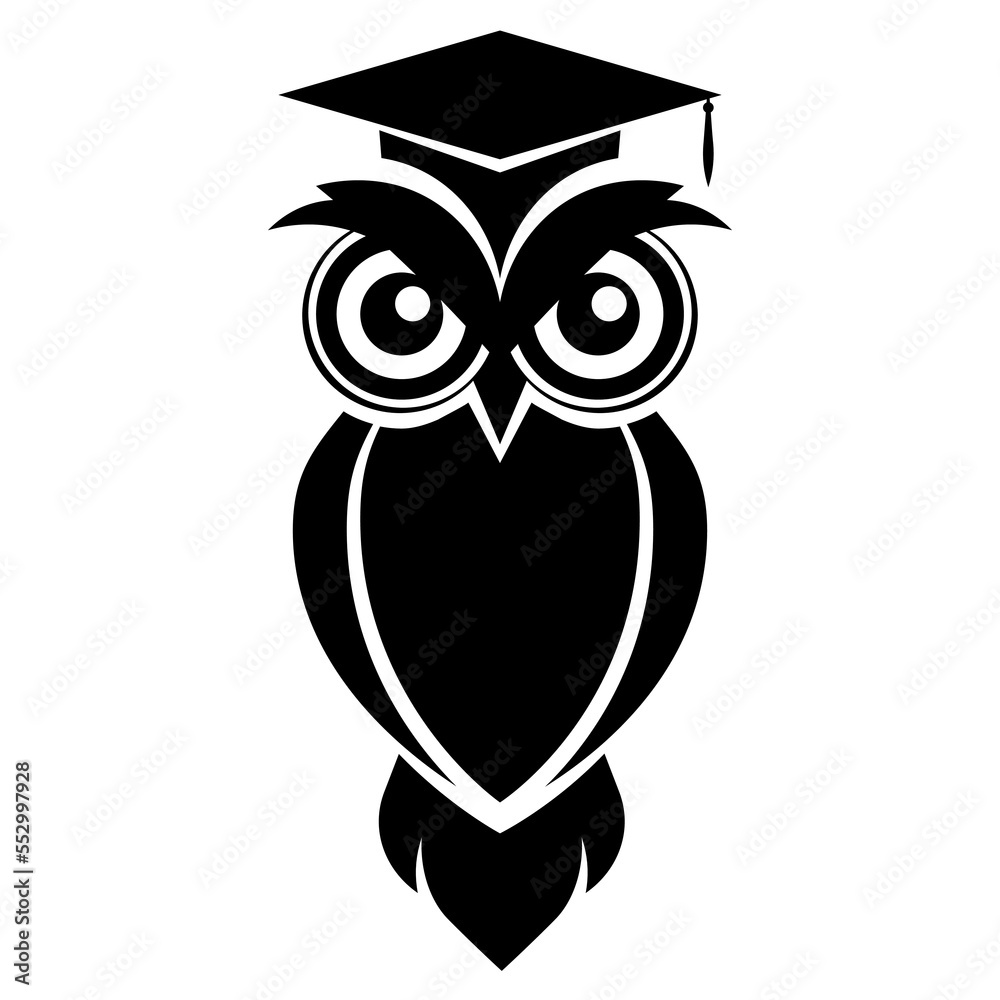 Owl icon. Logo of a bird with a college hat on white background. Vector illustration.
