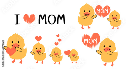 Cute little duck cartoons, red hearts and hand written fonts isolated on white background vector illustration.