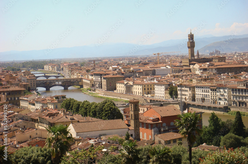 Panoramic view of the city and river on the sunny day. Florence. Italy.